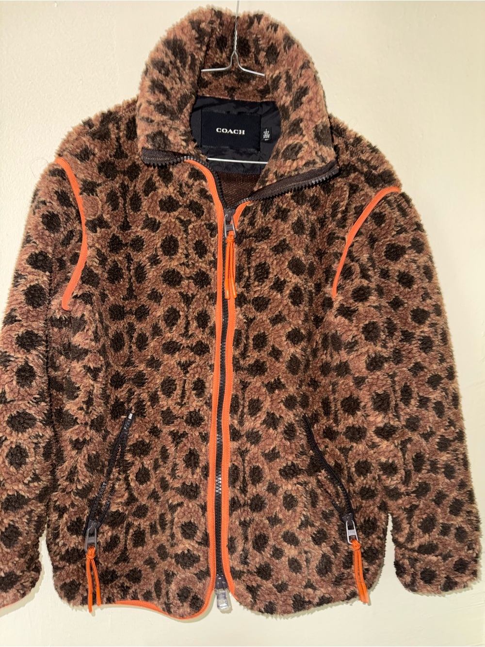 Coach women Brown Leopard Sherpa Jacket with Orange Trim